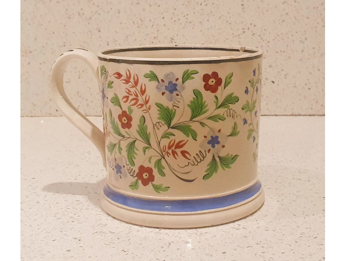 Antique Ceramic Mug, ornate handle, with flower painting, inscribed 1847, with initials, English, Early Victorian