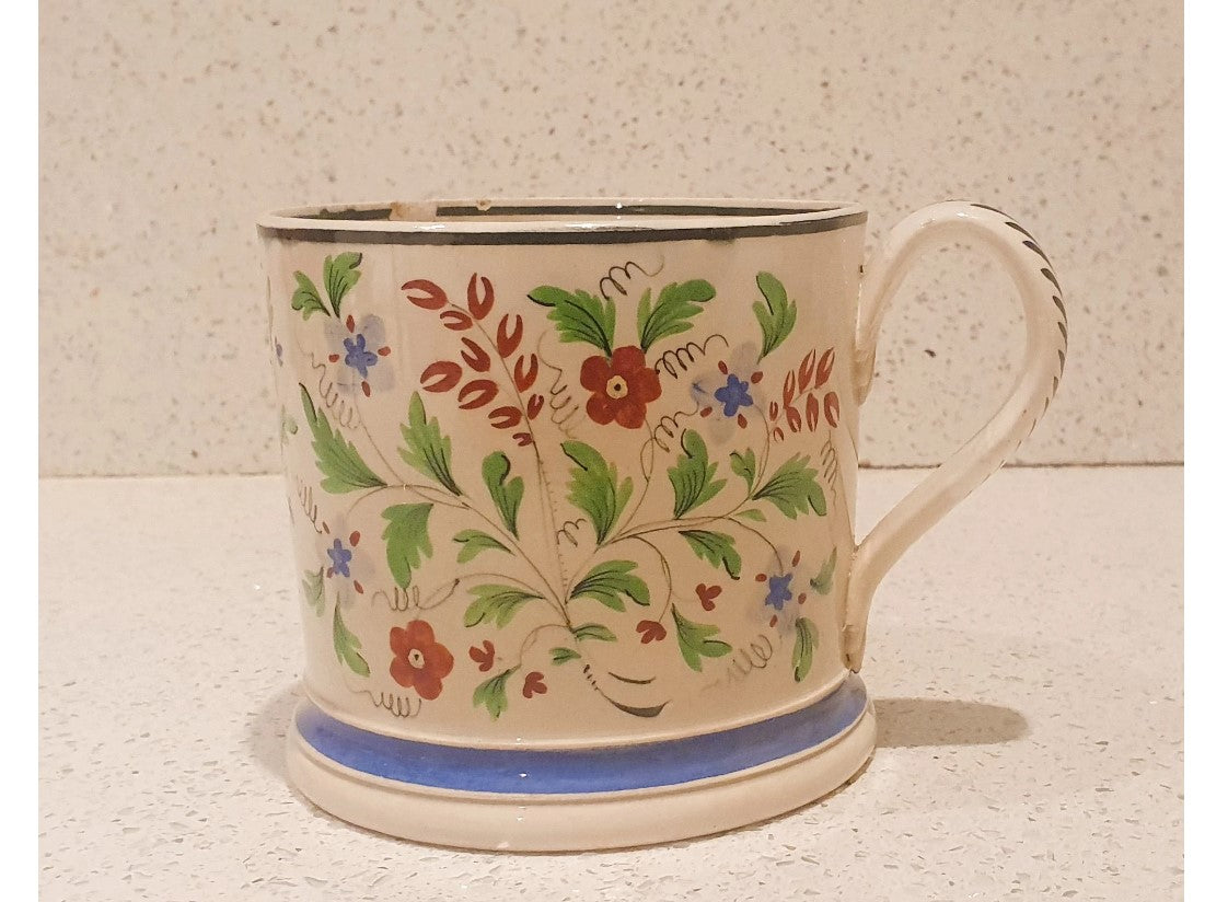 Antique Ceramic Mug, ornate handle, with flower painting, inscribed 1847, with initials, English, Early Victorian