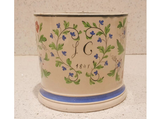 Antique Ceramic Mug, ornate handle, with flower painting, inscribed 1847, with initials, English, Early Victorian