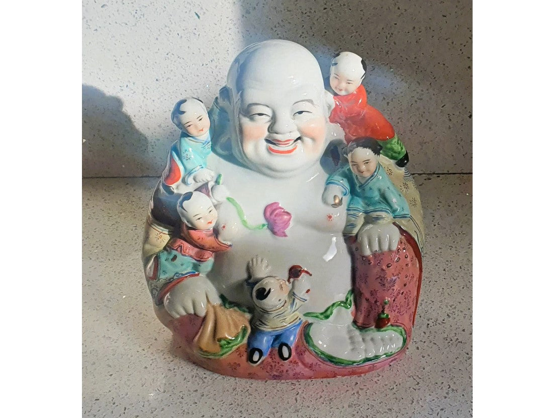 Antique Chinese Happy Buddha, 5 Children, 5 Children Buddha, Porcelain, Figurine, Buddha