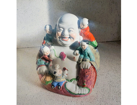 Antique Chinese Happy Buddha, 5 Children, 5 Children Buddha, Porcelain, Figurine, Buddha