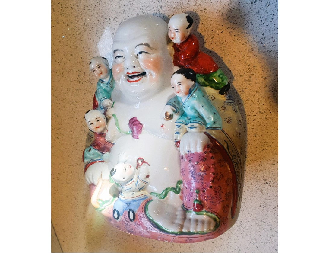 Antique Chinese Happy Buddha, 5 Children, 5 Children Buddha, Porcelain, Figurine, Buddha