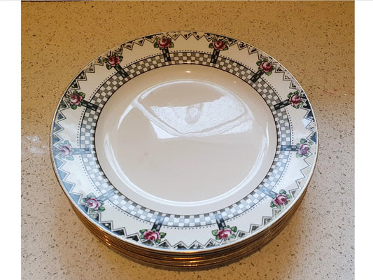 Antique, Vintage Art Deco Black and White Salad Plates 9.5 Inch, 1920s, Early Art Deco Plates, Set of 6
