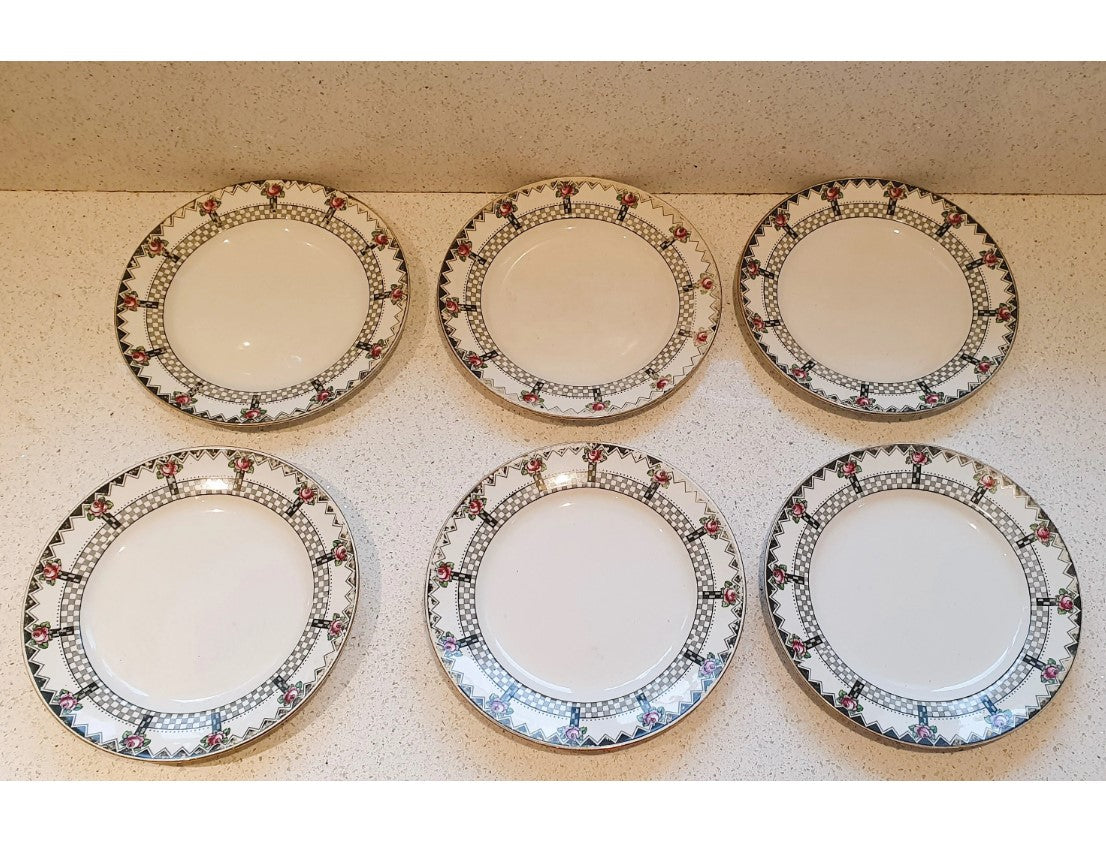 Antique, Vintage Art Deco Black and White Salad Plates 9.5 Inch, 1920s, Early Art Deco Plates, Set of 6