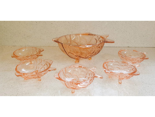 Art Deco Fish Shaped dessert Bowl, Set, Art Deco Pink / Peach coloured Fish Shaped Bowls, 6 Piece 'Fish' Fruit, Dessert Set