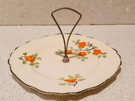 Art Deco Hand Painted Cake Stand, Art Deco Cake Stand, Hand Painted Cake Plate, Sandwich Plate, Orange Flowers, 1930s, Made in England, Bone China