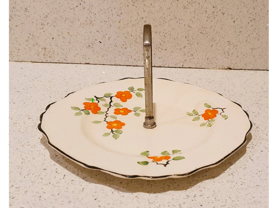 Art Deco Hand Painted Cake Stand, Art Deco Cake Stand, Hand Painted Cake Plate, Sandwich Plate, Orange Flowers, 1930s, Made in England, Bone China