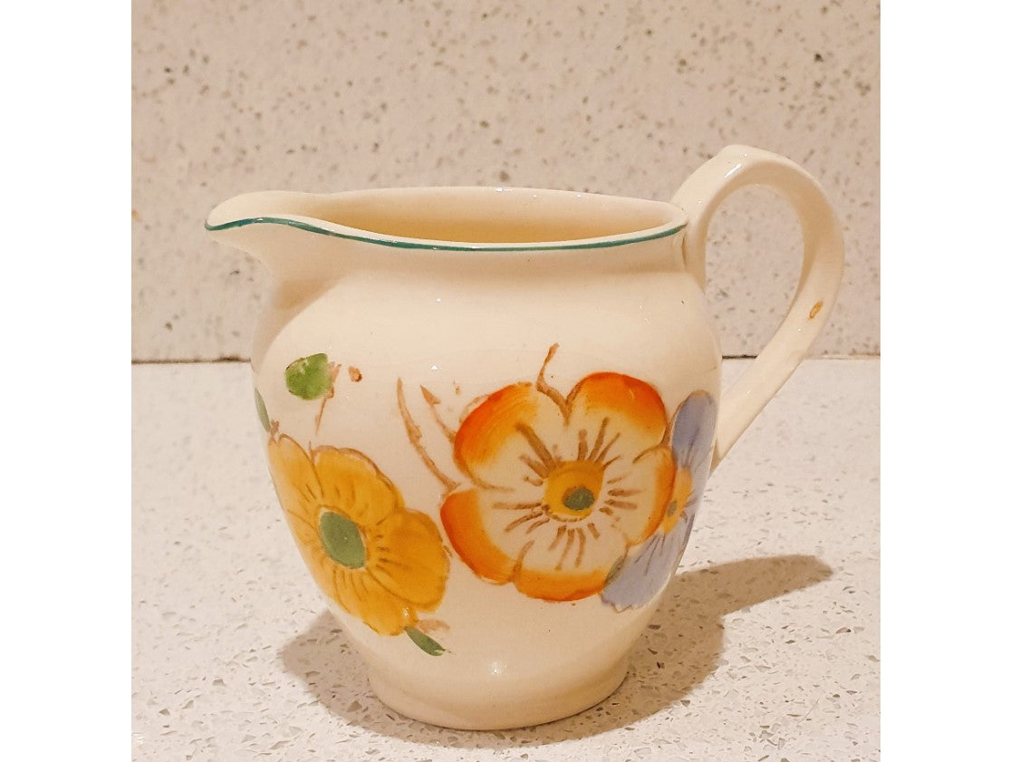 Art Deco Hand Painted Milk Jug, Art Deco Hand Painted Creamer, Floral, Cream Coloured, Orange, Yellow, flowers, Green