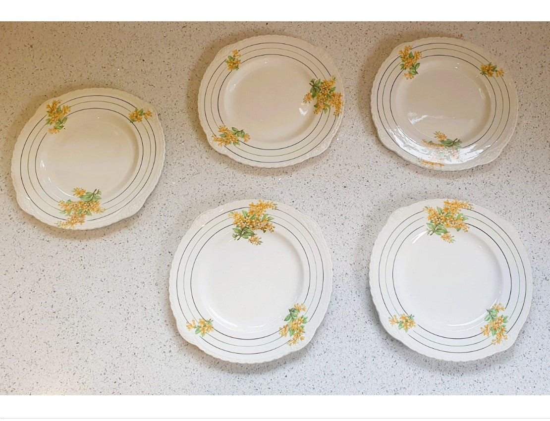 Art Deco Side Plates, 8 inch, Floral, Yellow, White, Cream, Hand Painted x 5