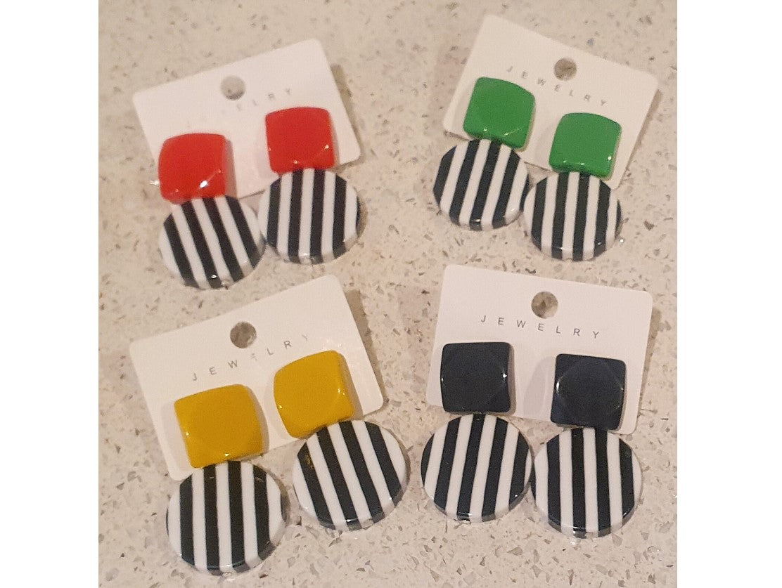 80s Style Earrings, Black, White, Black and White Stripes, Bold, Plastic, Colourful, Big