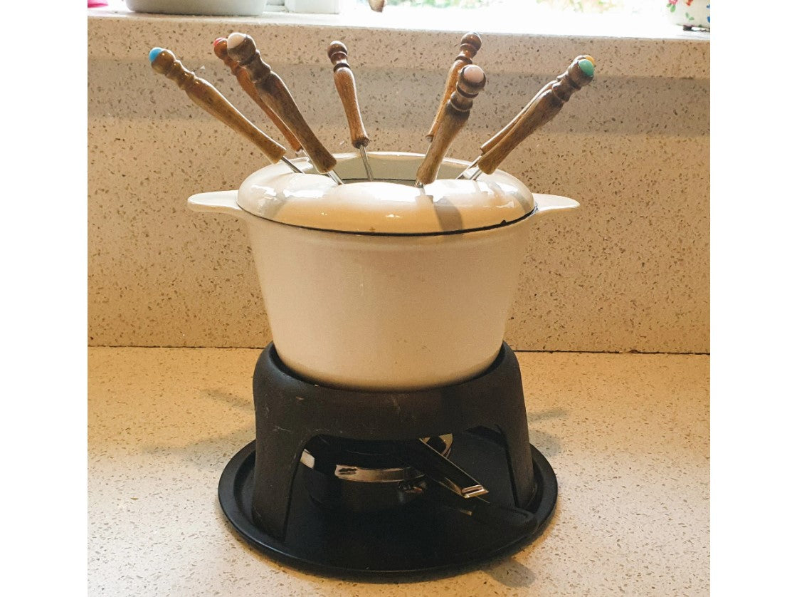Cast Iron Enamelled Fondue Set, with vintage 70s Fondue forks and a NEW Burner, Heavy, Sturdy