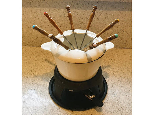 Cast Iron Enamelled Fondue Set, with vintage 70s Fondue forks and a NEW Burner, Heavy, Sturdy