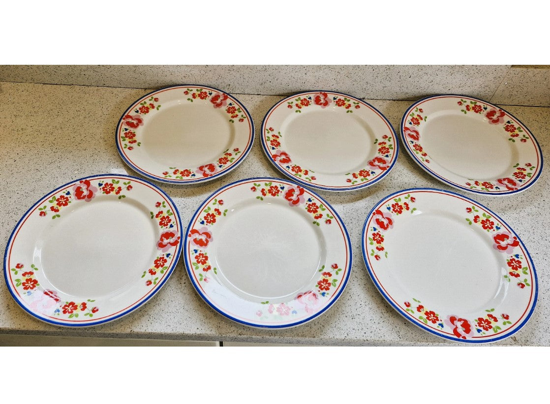 Cath Kidston, Ceramic, Large, Dinner Plates, Retro, Floral, Cottage core, White, Blue, Red, 10.75 Inch Plates, Price is per Plate