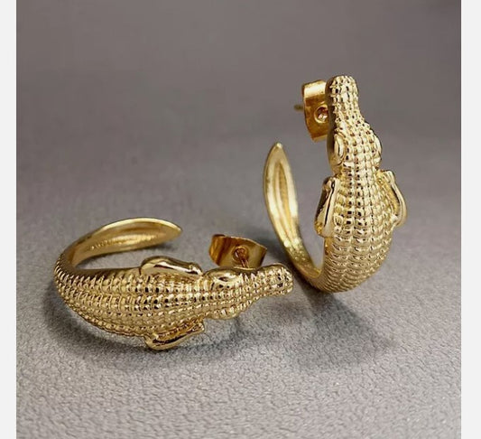 Crocodile Earrings, Gold colour, Hoop, Earrings, Crocodile shaped