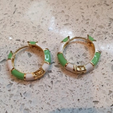 Enamel, Hoop Earrings, Green and White, 2cm Approx,