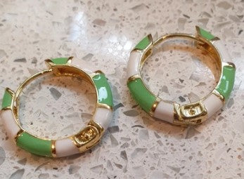 Enamel, Hoop Earrings, Green and White, 2cm Approx,