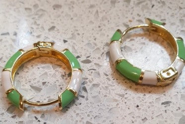 Enamel, Hoop Earrings, Green and White, 2cm Approx,