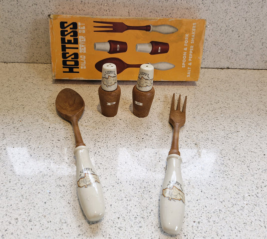 Hostess Salad Servers, Cruet Set, Salt and Pepper, Vintage Salad Serving Set, Vintage Kitchenalia 