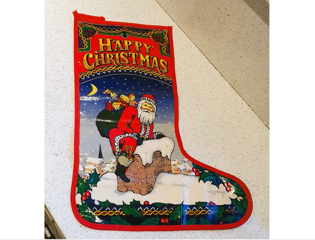 vintage, Large Father Christmas Stocking, Large Oil cloth Christmas Stocking