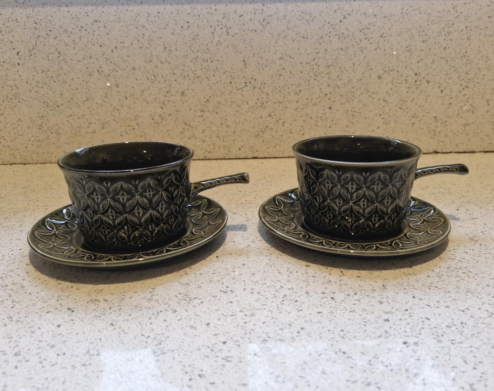 Tams ware Green Soup Coups, and Saucers, Tams Soup Bowls, Green, Moss green, Tams ware, Made in England, MCM, Mid century