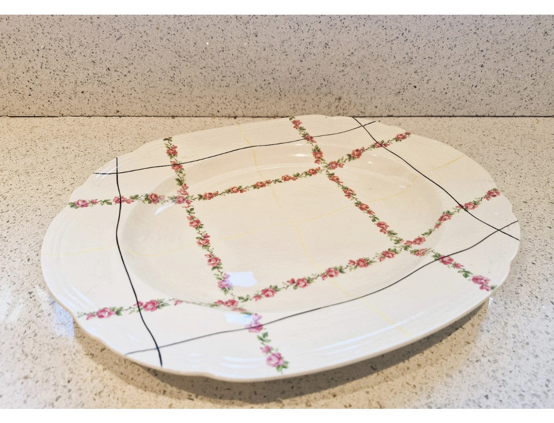 Alfred Meakin, Platter, 1930s, 40s, Flower, Line design, Cream, Black, yellow, Pink, Stamped, Excellent Condition, 12 x 10 Inch