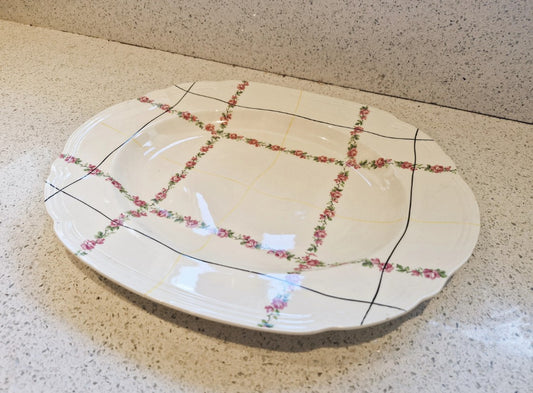 Alfred Meakin, Platter, 1930s, 40s, Flower, Line design, Cream, Black, yellow, Pink, Stamped, Excellent Condition, 12 x 10 Inch