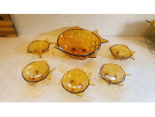 Mid century, Amber Glass, Fish Shaped Bowls, Dessert Set, Fish Shaped, Fruit Bowl, Glass Fish Bowls,