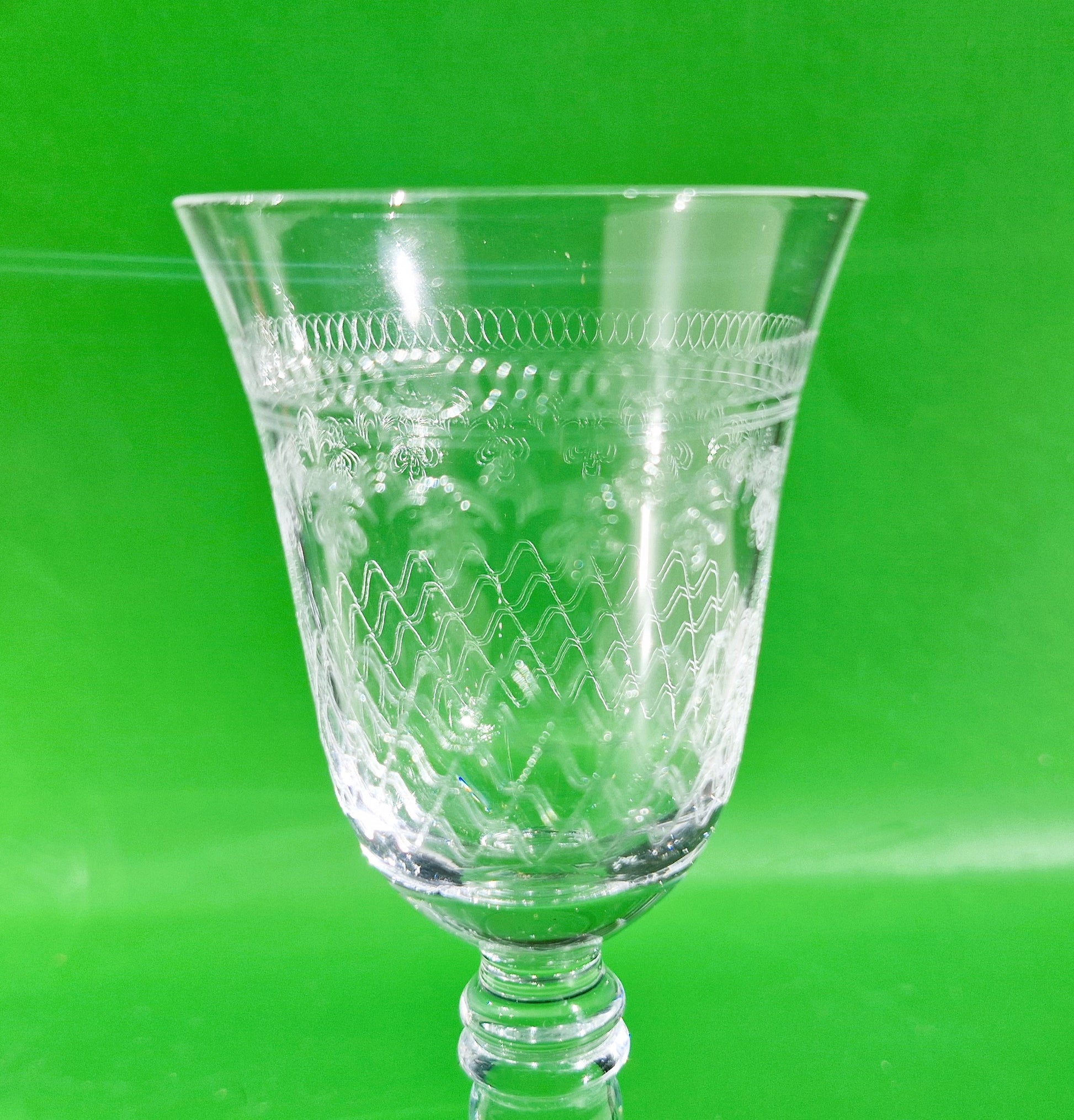 Pall Mall Lady Hamilton Wine Glasses, Balustre Stems, Edwardian, Art Deco Wine Glasses, Palms, Etched, 