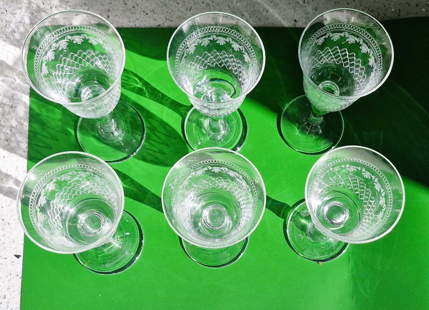 Pall Mall Lady Hamilton Wine Glasses, Balustre Stems, Edwardian, Art Deco Wine Glasses, Palms, Etched, 