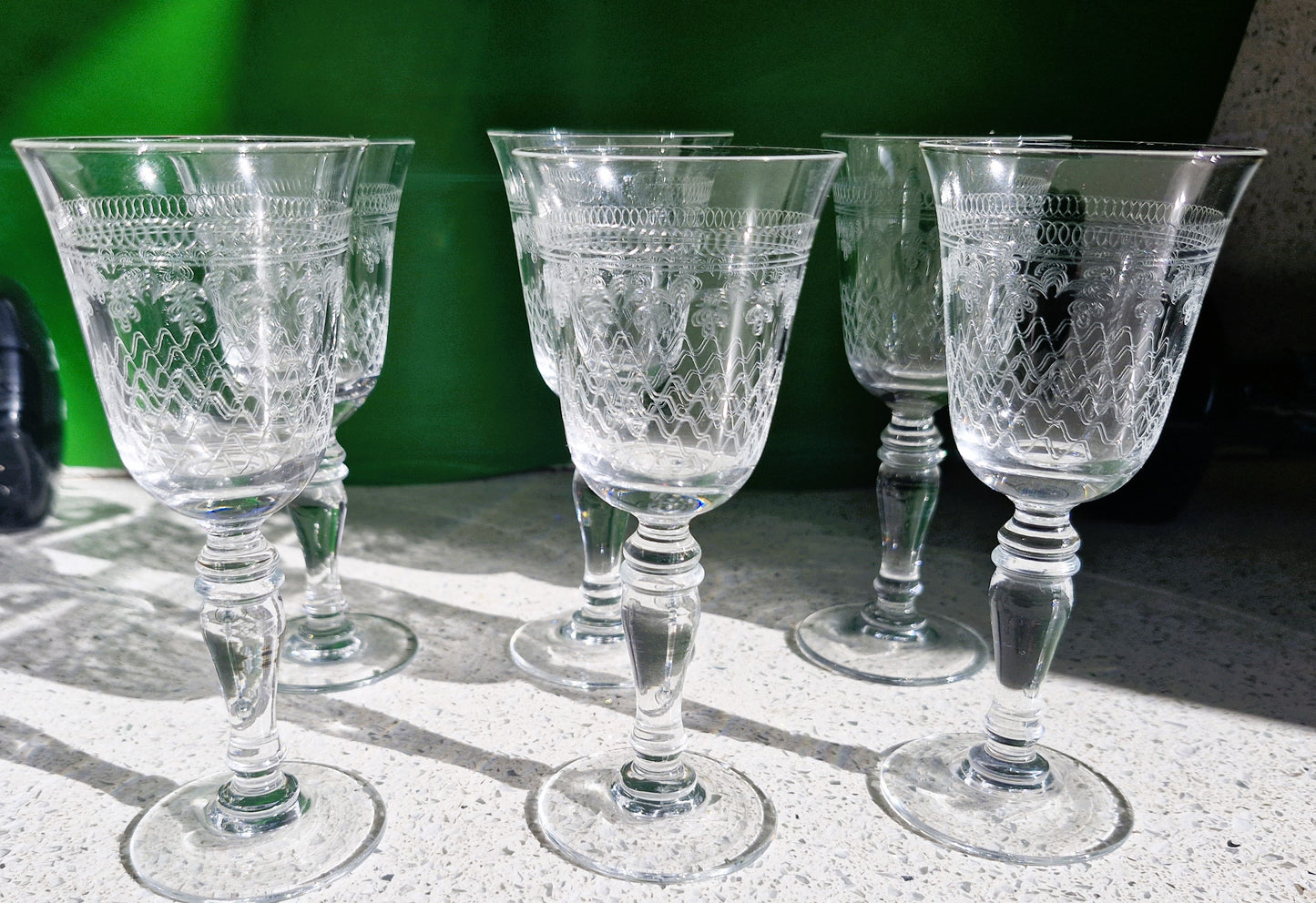 Pall Mall Lady Hamilton Wine Glasses, Balustre Stems, Edwardian, Art Deco Wine Glasses, Palms, Etched, 