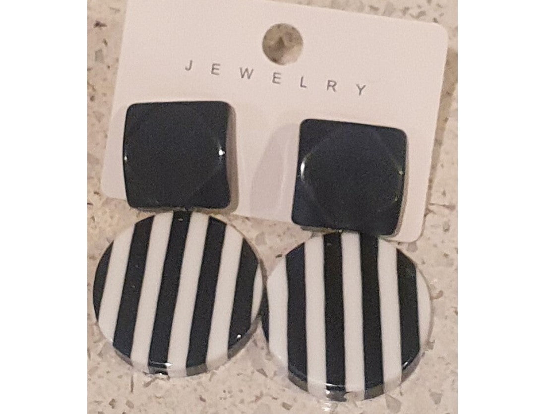 80s Style Earrings, Black, White, Black and White Stripes, Bold, Plastic, Colourful, Big