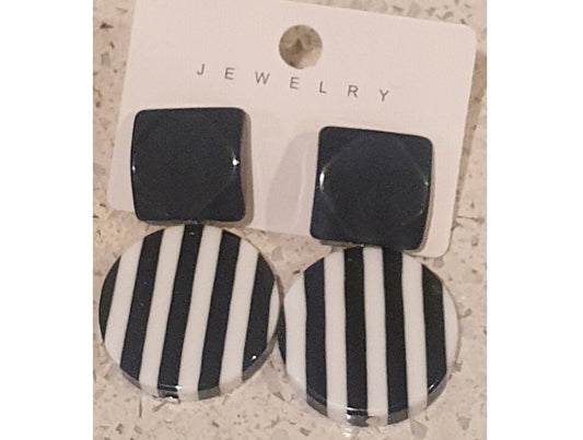 80s Style Earrings, Black, White, Black and White Stripes, Bold, Plastic, Colourful, Big