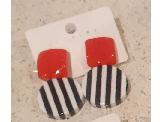 80s Style Earrings, Black, White, Black and White Stripes, Bold, Plastic, Colourful, Big