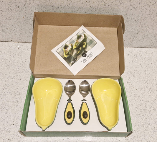 Sagaform Avocado Dishes and Spoons, Vintage, Swedish, Scandinavian, Bowls, Dishes, Spoons, Set, Boxed, Quirky, Guacamole, 90s, Retro Dining