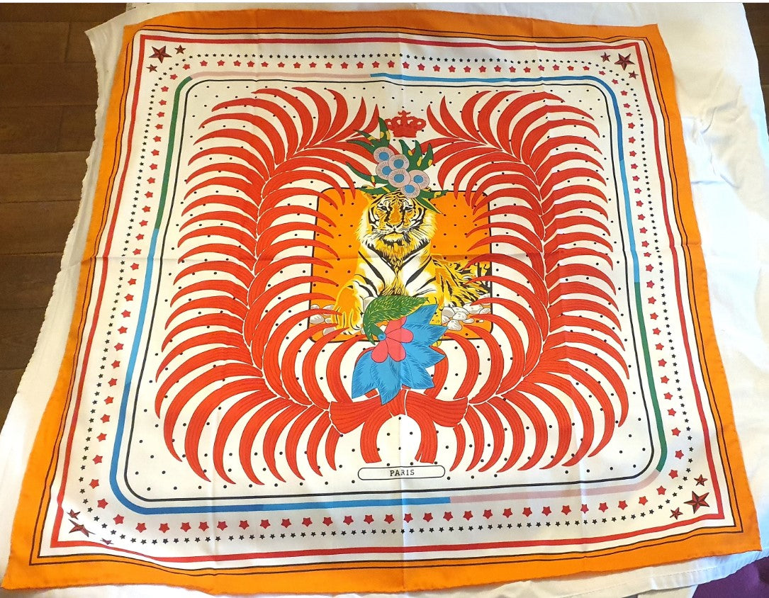 Large, Faux Silk Scarf, Hand Printed, Tiger design, Large, 83cm, Bold, Bright, Orange, Blue, Colourful, Hijab