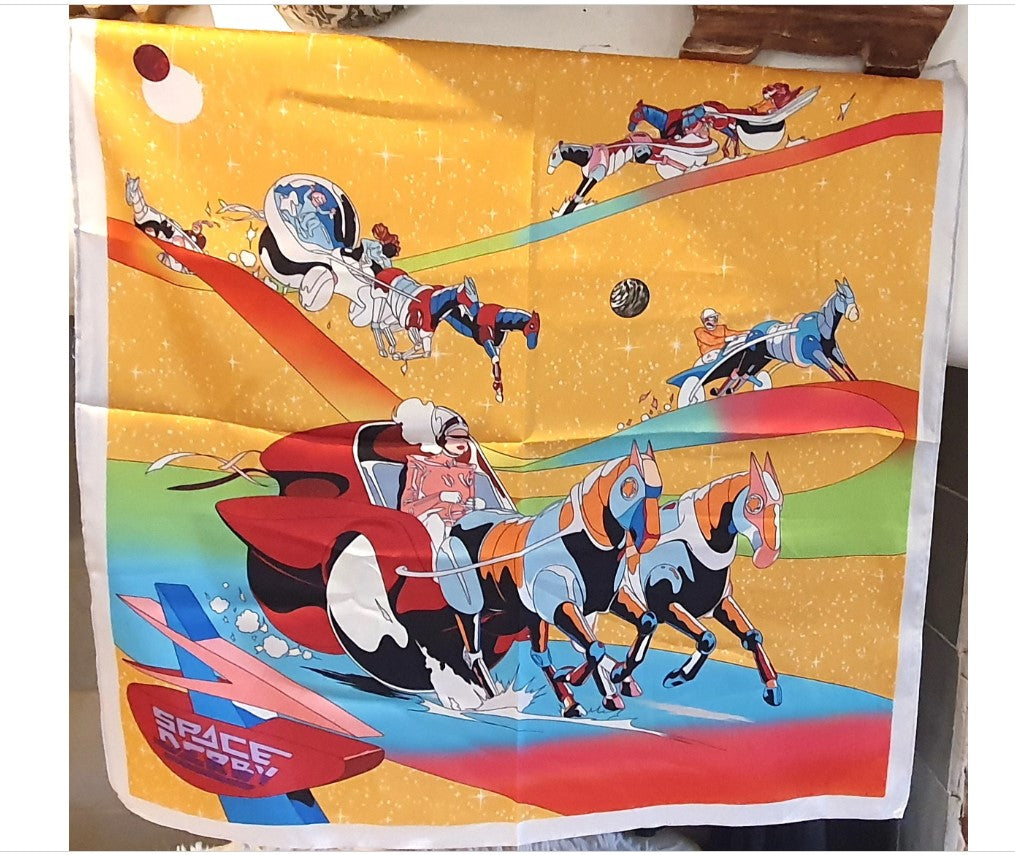 Large, Faux Silk Scarf, Space, Horse racing, carriage racing, Yellow, Bright, bold, colourful, Hijab