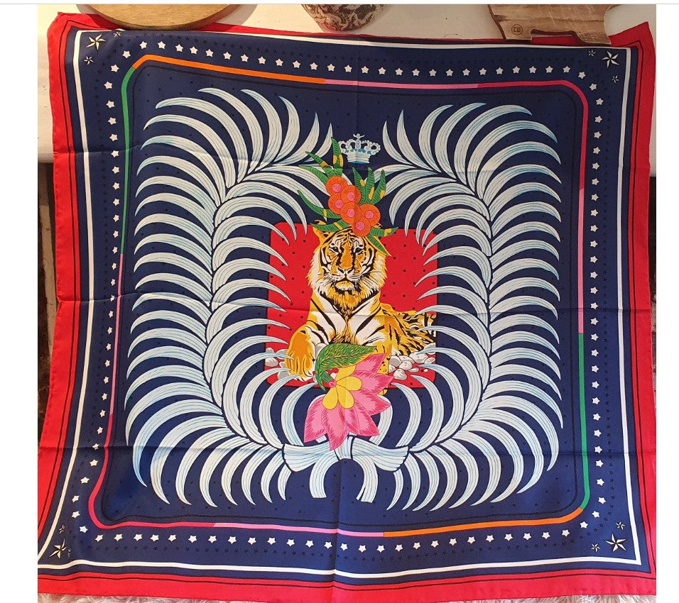 Large, Faux Silk Scarf, Hand Printed, Tiger design, Large, 83cm, Bold, Bright, Blue, Navy, Red,  Colourful, Hijab (Copy)