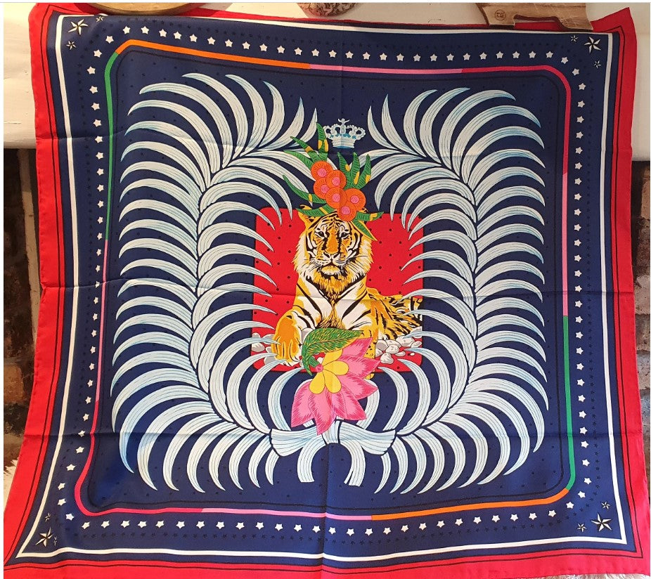 Large, Faux Silk Scarf, Hand Printed, Tiger design, Large, 83cm, Bold, Bright, Blue, Navy, Red,  Colourful, Hijab (Copy)