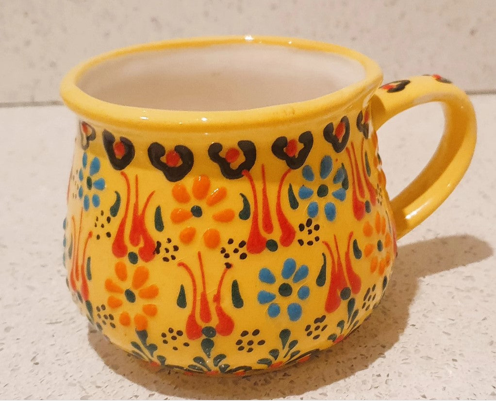 Hand Painted, Turkish, Ceramic Coffee Cup, Hand Painted Mug, Yellow, Raised design, rounded