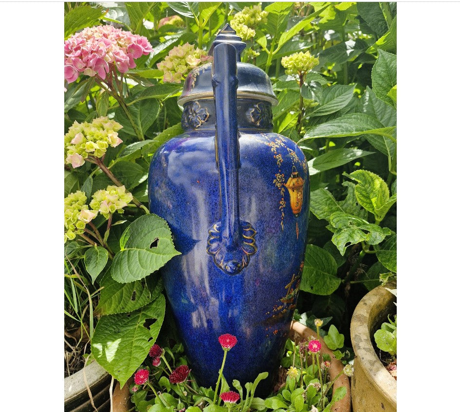 Large Blue Oriental Urn with Lid, Chinese Vase, Large Oriental Vase, Large Oriental Urn, lidded, Decorative, Blue, Flowers, Birds, People,  20  Inches