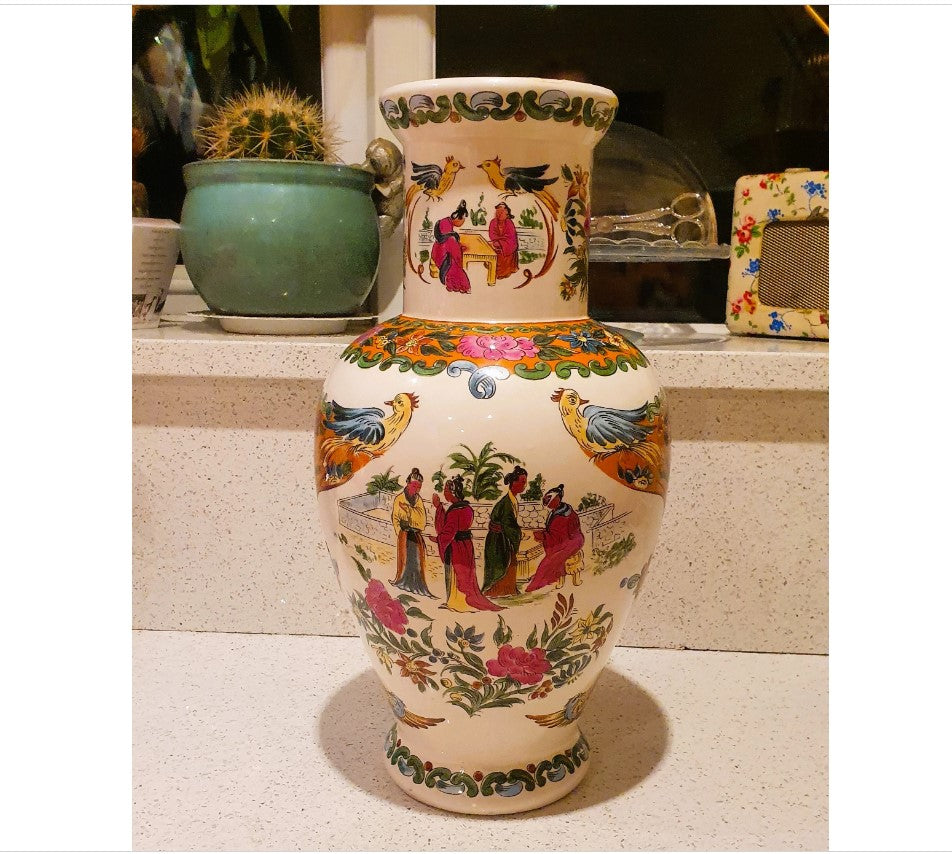 Large Chinese Vase, Large Oriental Vase, Large Oriental Urn, Decorative, White, Pink, Green, Flowers, Birds, People, Standing, 17 Inches