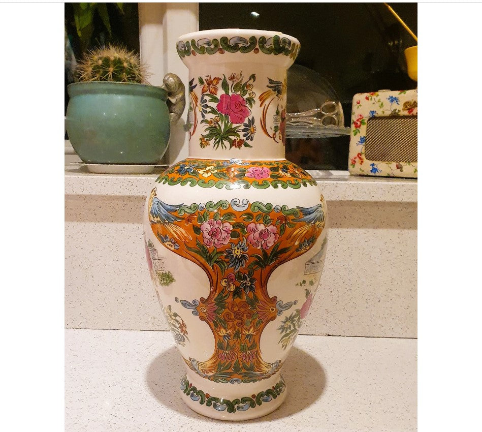 Large Chinese Vase, Large Oriental Vase, Large Oriental Urn, Decorative, White, Pink, Green, Flowers, Birds, People, Standing, 17 Inches