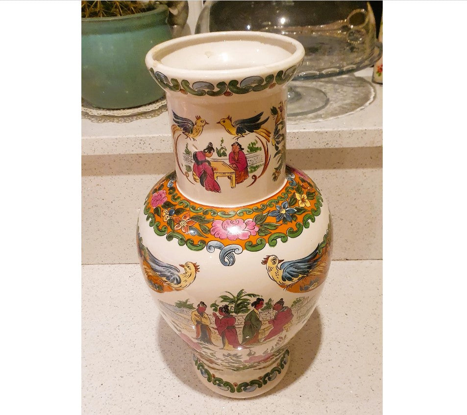Large Chinese Vase, Large Oriental Vase, Large Oriental Urn, Decorative, White, Pink, Green, Flowers, Birds, People, Standing, 17 Inches