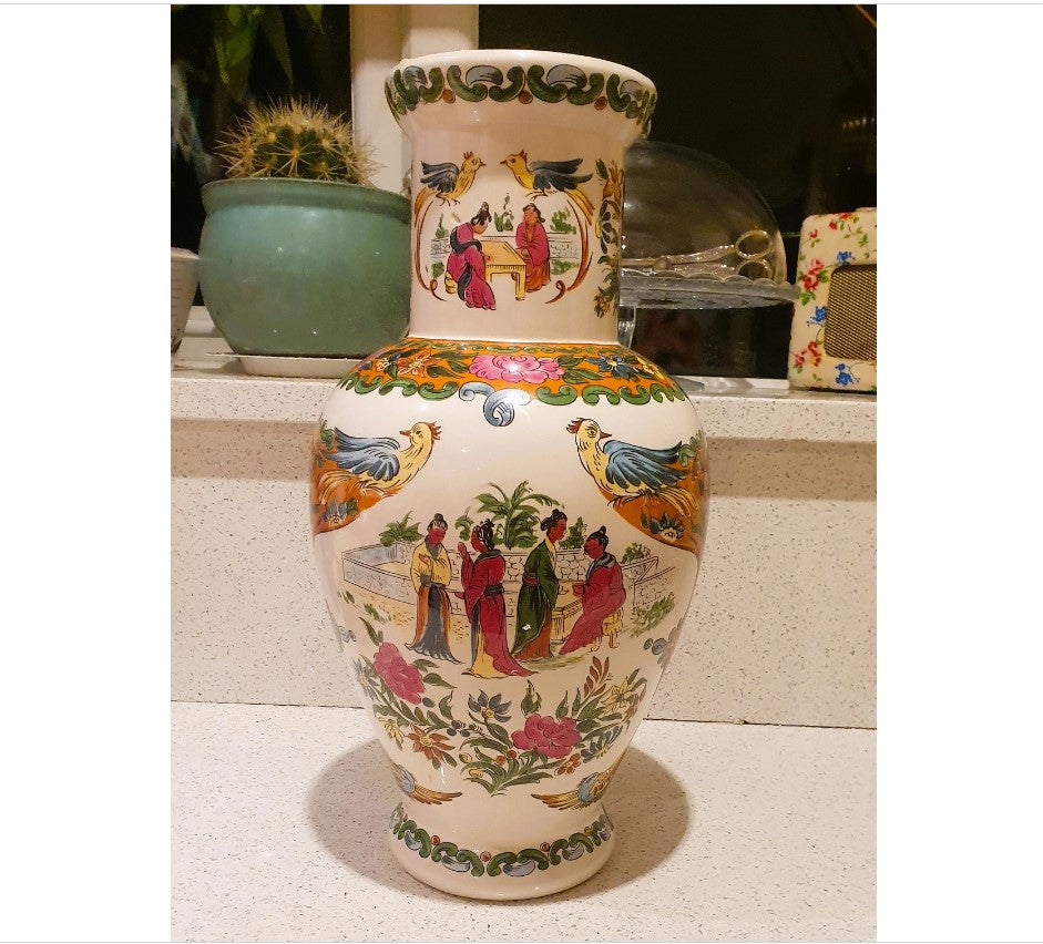 Large Chinese Vase, Large Oriental Vase, Large Oriental Urn, Decorative, White, Pink, Green, Flowers, Birds, People, Standing, 17 Inches