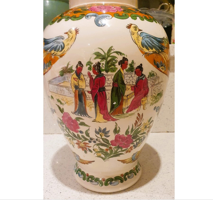Large Chinese Vase, Large Oriental Vase, Large Oriental Urn, Decorative, White, Pink, Green, Flowers, Birds, People, Standing, 17 Inches