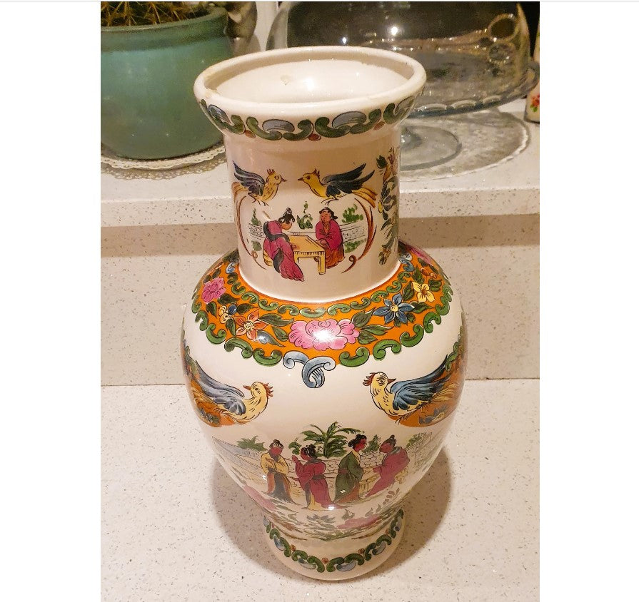 Large Chinese Vase, Large Oriental Vase, Large Oriental Urn, Decorative, White, Pink, Green, Flowers, Birds, People, Standing, 17 Inches