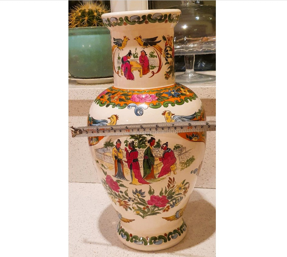 Large Chinese Vase, Large Oriental Vase, Large Oriental Urn, Decorative, White, Pink, Green, Flowers, Birds, People, Standing, 17 Inches