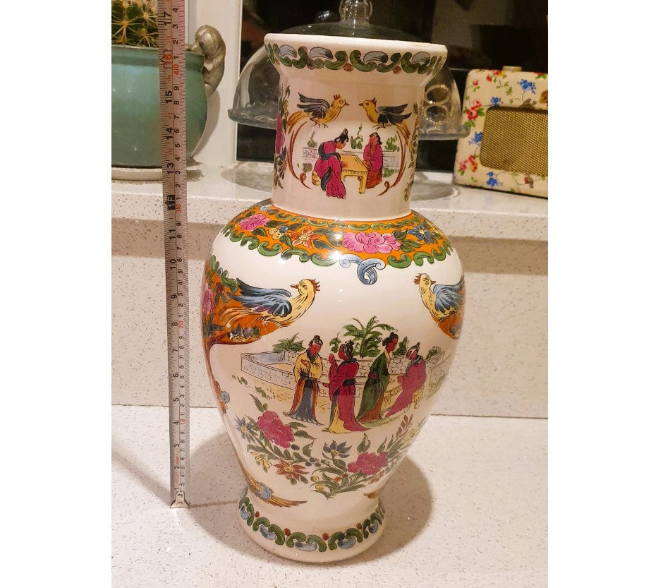 Large Chinese Vase, Large Oriental Vase, Large Oriental Urn, Decorative, White, Pink, Green, Flowers, Birds, People, Standing, 17 Inches