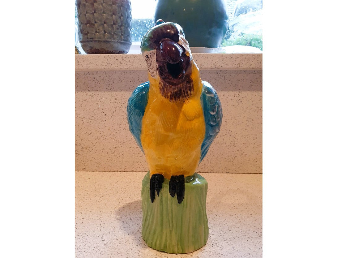 Large Parrot Jug, Parrot Pitcher, Vintage, Hand Painted Parrot Jug, Water Jug, Parrot Pitcher, Ceramic, Cockatoo, Macaw, 11 Inches