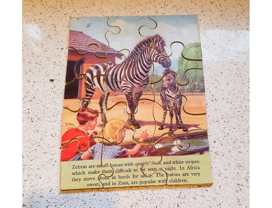 Philmar, Vintage Puzzle, Zebra, Zoo, Spielstunden, 50er, 60er, 8 x 6 Zoll